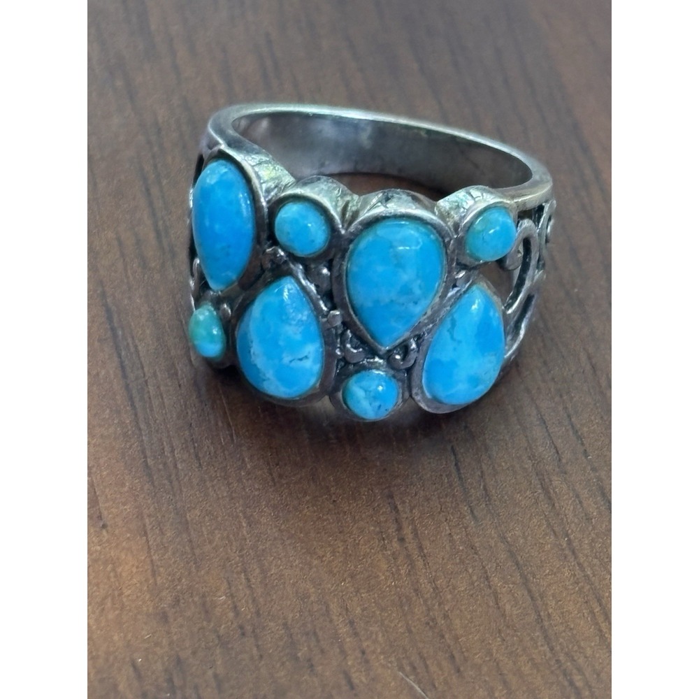 BBJ Signed Beautiful Sterling Silver Tear Drop Cluster Turquoise Ring Size 7